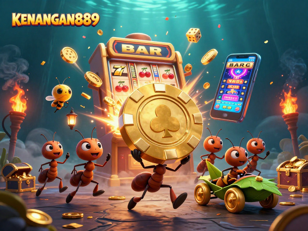Experience thrilling fun with KENANGAN889 as cartoon ants heist a giant poker chip amidst casino chaos.