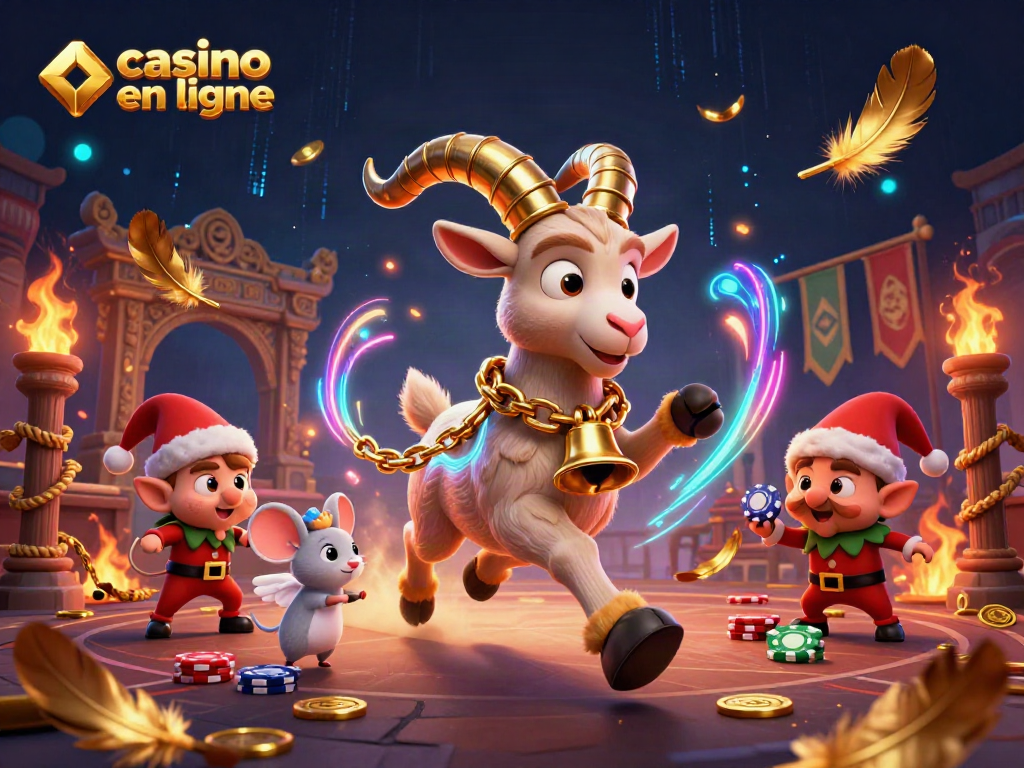 Casino en ligne, mise en scène festive où un Krampus gère un casino hanté avec une souris ange et des elfes malicieux.