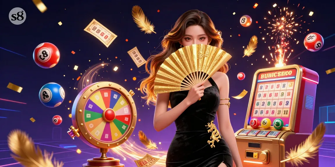 S8 offers an immersive casino experience with colorful lottery balls, a stunning Asian woman, and dynamic game elements.
