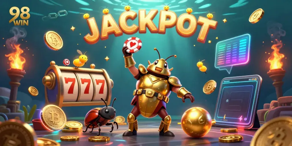 Experience the thrill with 98 WIN as the victorious hercules beetle lifts a poker chip, surrounded by casino elements.
