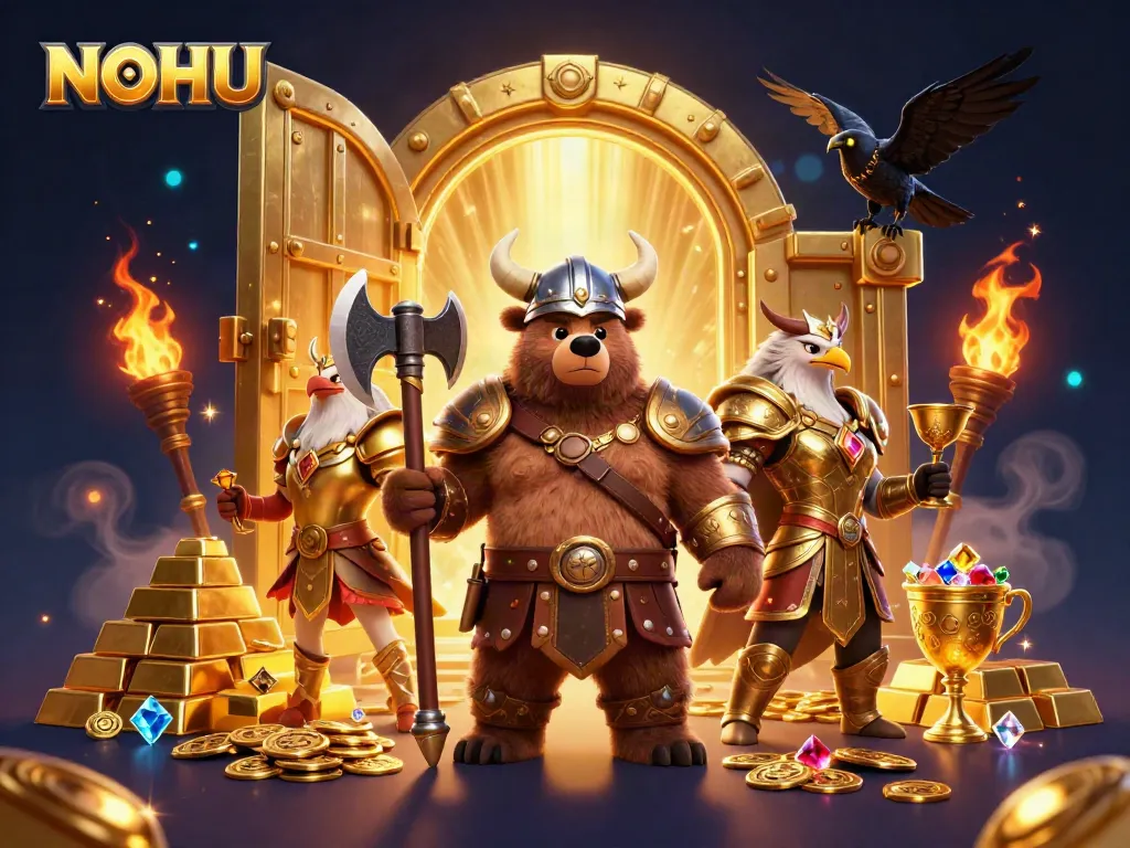 Experience thrilling casino adventures with NOHU through a dynamic illustration featuring a Viking bear and golden treasures.
