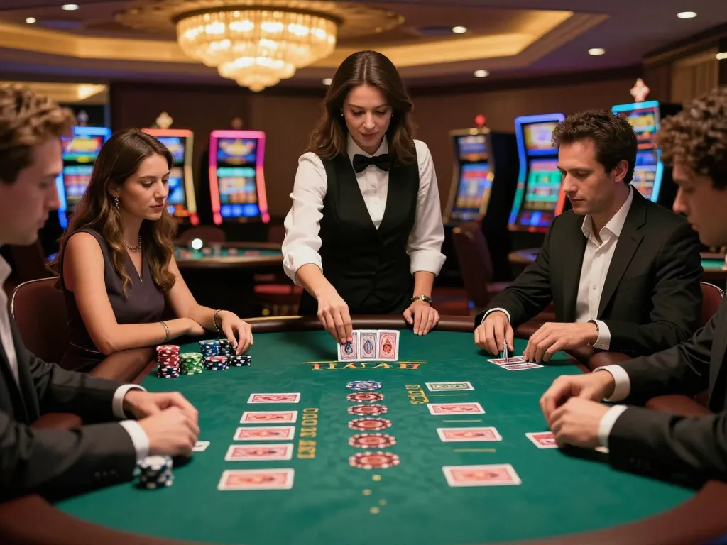 Engaged players at a Slot Terpercaya blackjack table, strategic gameplay under ambient casino lighting, vibrant atmosphere