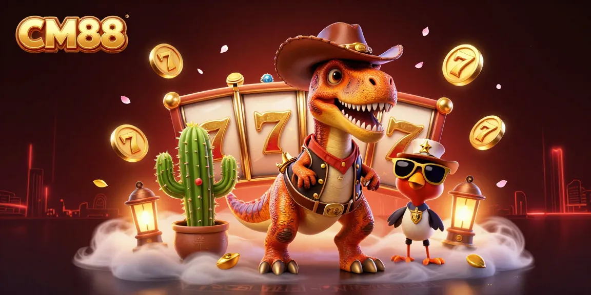 Engage with CM88's thrilling games featuring a cowboy dinosaur and vibrant casino elements.
