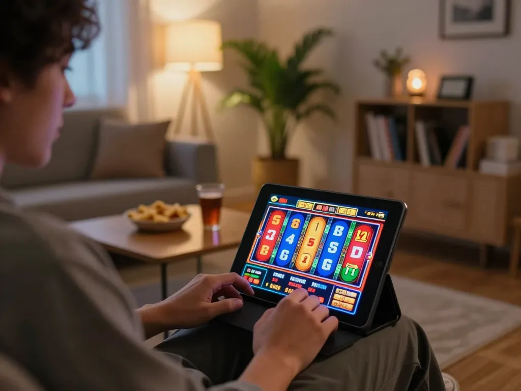 A person enjoying an interactive Agen Slot online gameplay experience at home, focused on colorful reels on a tablet.
