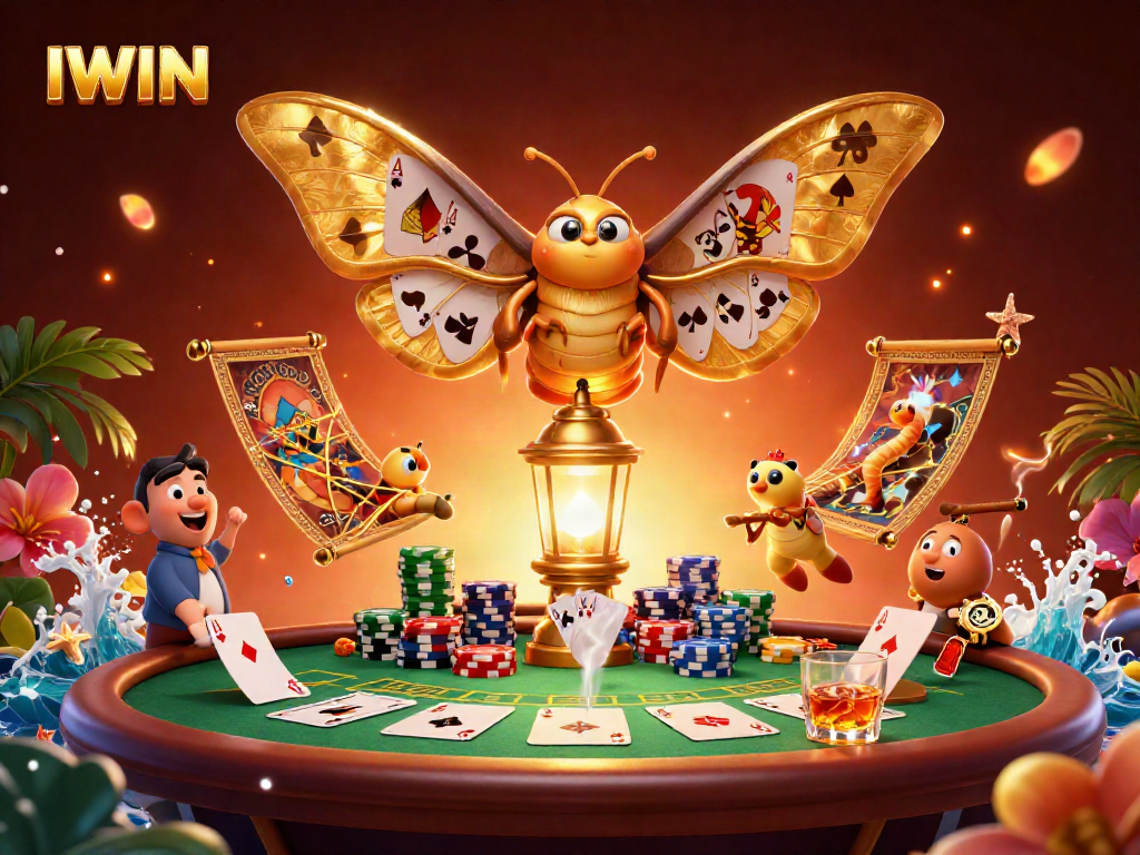 IWIN attracting players with vibrant 3D casino visuals, poker action, and golden motifs
