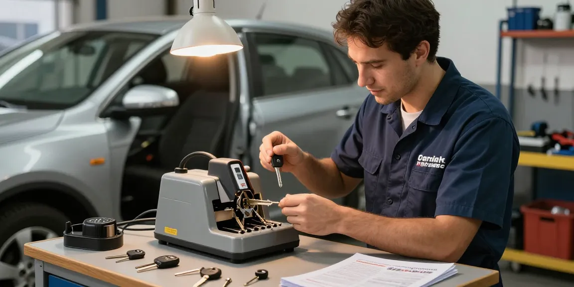 Car key replacement Raleigh: Locksmith using a key cutting machine in a professional garage.