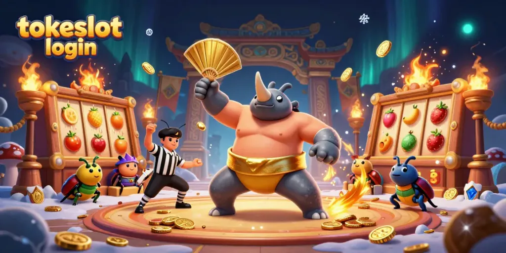 Experience the tokeslot login action with a vibrant 3D beetle sumo wrestling amid coins and slot reels.