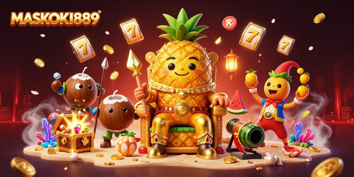 Engage with the vibrant MASKOKI889 casino scene featuring the golden pineapple king and lively game elements.