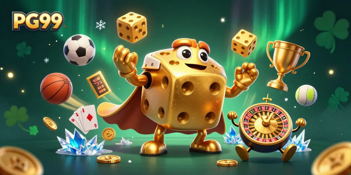 Experience PG99 with a vibrant casino action scene featuring dynamic characters and sports elements.
