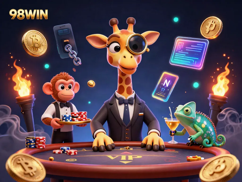 Engage with 98WIN's vibrant casino scene featuring a giraffe, monkey, and chameleon in action.
