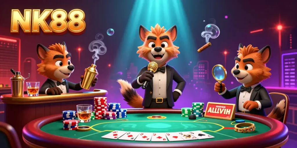 Join the fun at NK88's comedy casino with lively hyenas, poker, and vibrant nightlife!