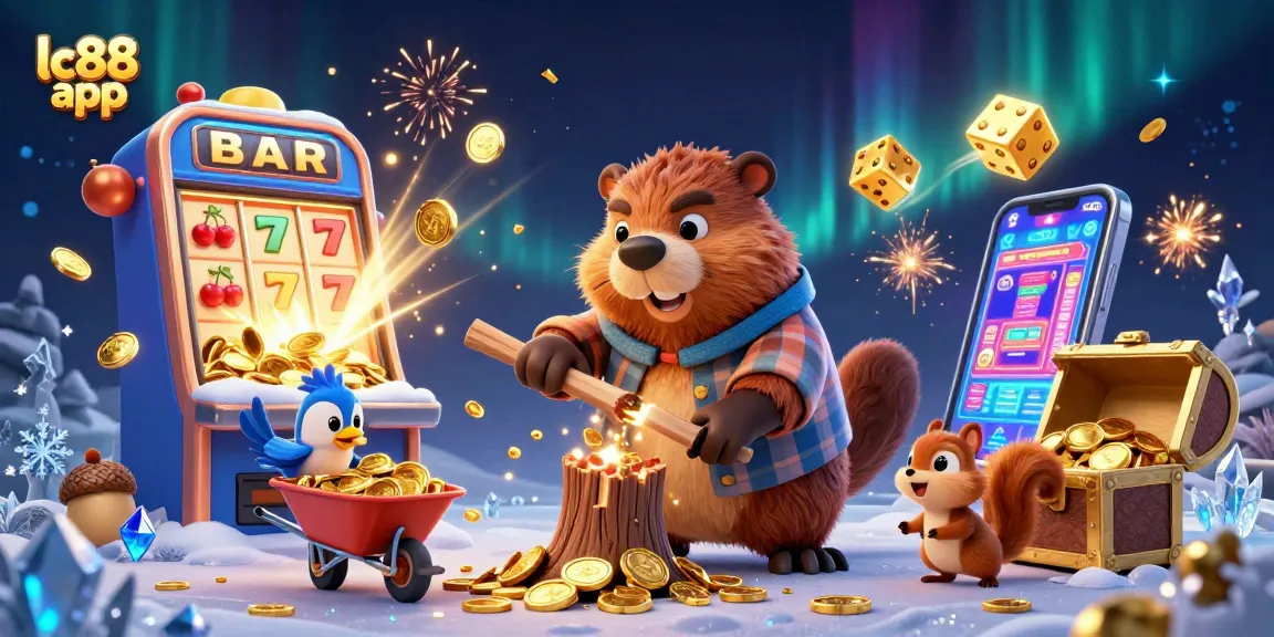 Experience the exciting lc88 app with a dynamic scene of a beaver collecting coins alongside casino-themed elements.