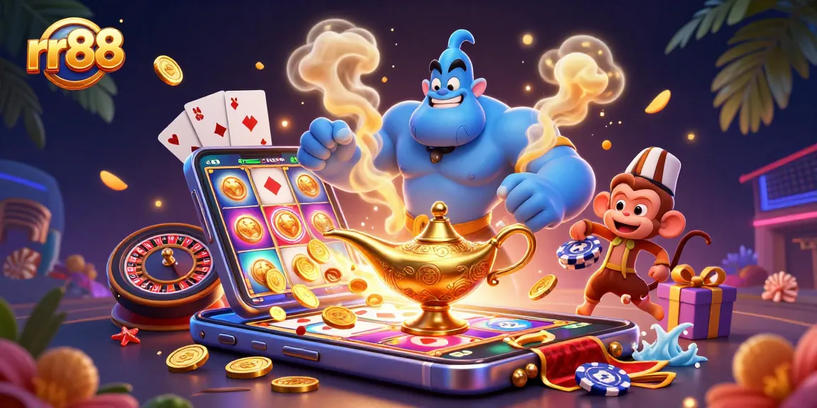 Engage with rr88 as a blue genie bursts forth, alongside poker chips and game elements!