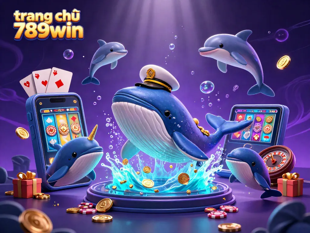 Experience the excitement of trang chủ 789win with a vibrant 3D illustration of a whale and casino elements.