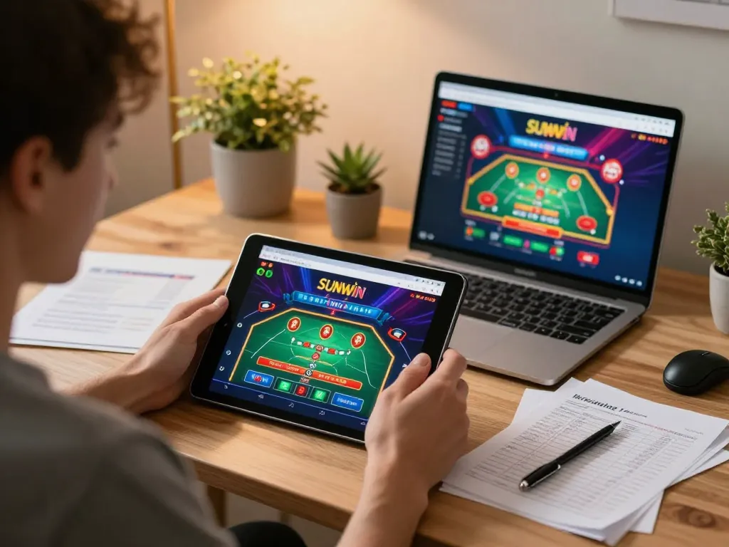 SUNWIN user immerses in online casino gaming with a tablet, showcasing engaging gameplay experience.