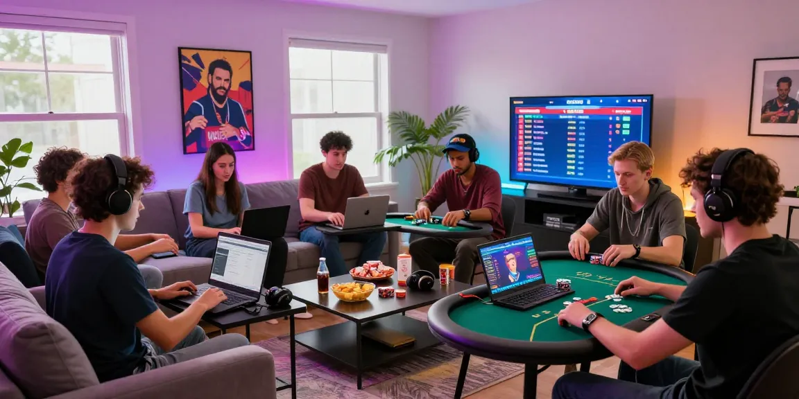DewaPoker players engaged in an exciting online poker game in a vibrant living room setting.
