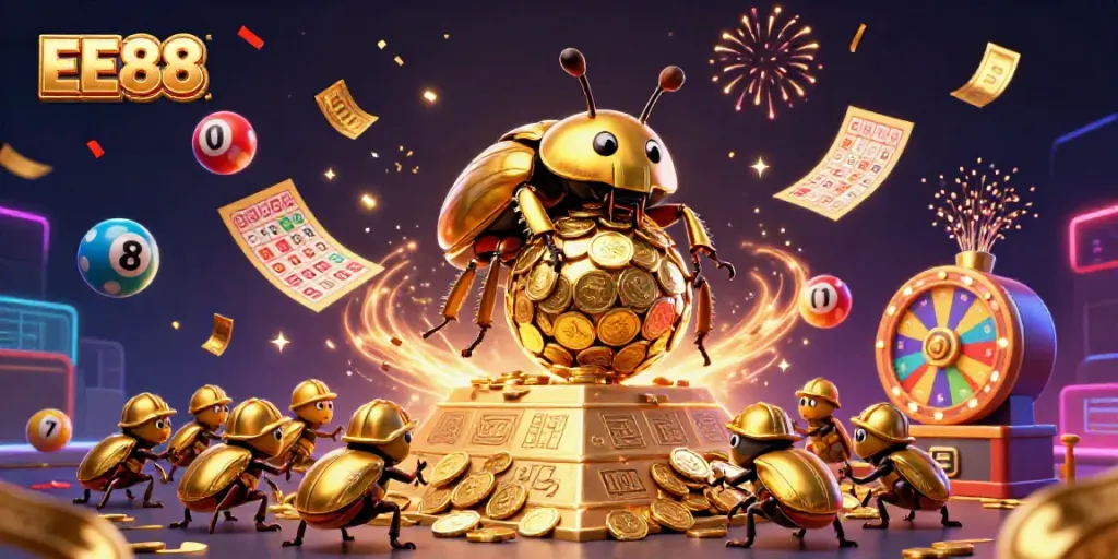 EE88 casino-themed vibrant illustration with golden beetles, lottery elements, and dynamic game symbols.