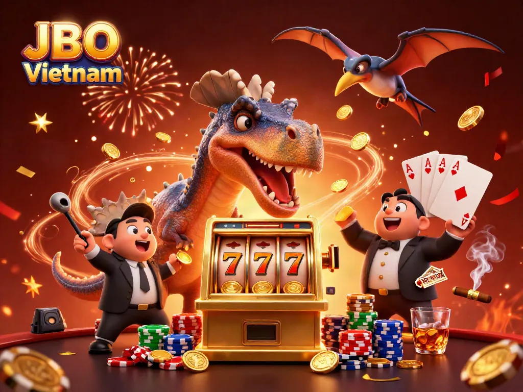 Experience excitement at JBO Vietnam as a pachycephalosaurus celebrates winning junks of coins from a golden slot machine.