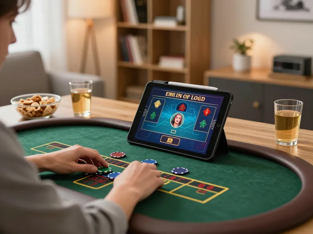 Engaging in situs toto gameplay on tablet with live dealer, showcasing strategic betting in a cozy home environment.