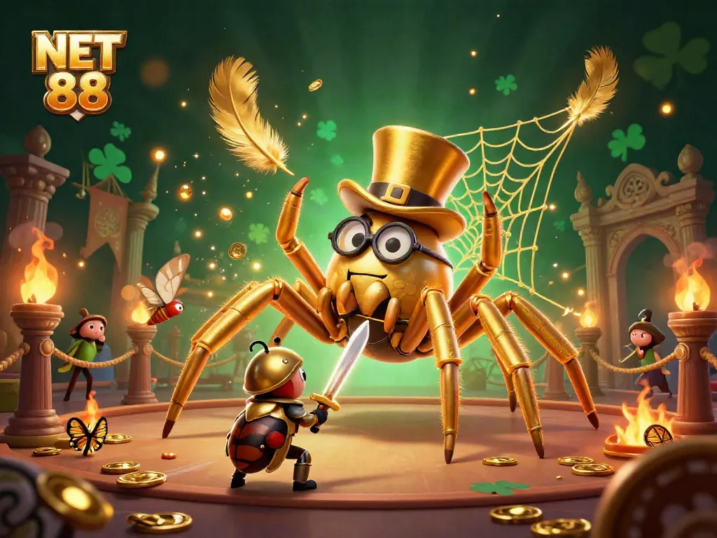Engage in thrilling action at NET 88, featuring a colorful scene of a giant tarantula and a beetle knight amidst casino excitement.