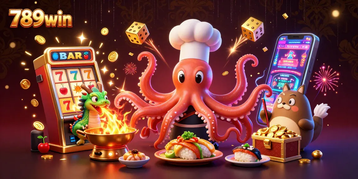Experience winning excitement at 789win with a dreamy 3D illustration of an octopus chef, dragon, and tanuki in a vibrant casino.