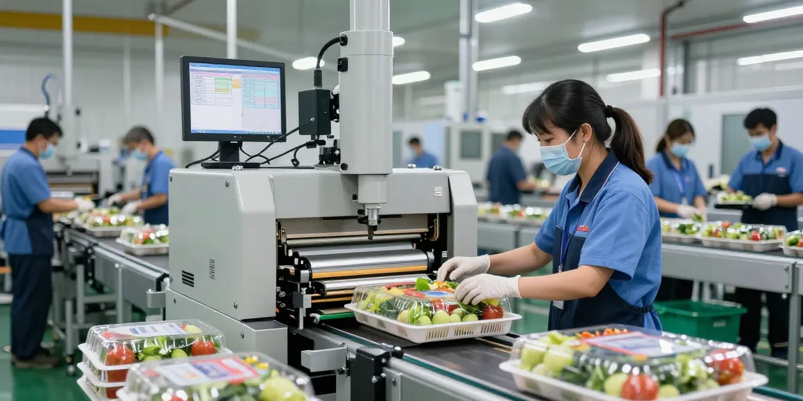 Tray sealing machine in action, sealing fresh produce with precision in a modern packaging facility.