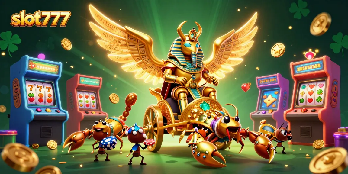 Engage with slot777, a vibrant scene of a golden scarab and gaming machines filled with treasures.