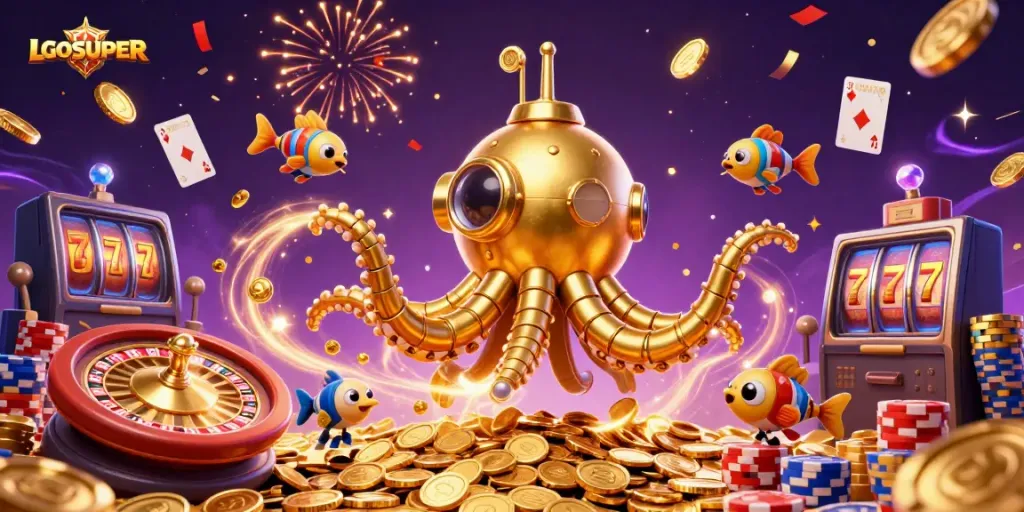 Engage with LGOSUPER's vibrant casino experience featuring a golden kraken submarine in action.