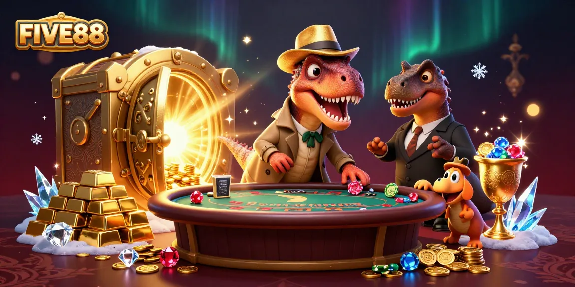 Experience dynamic gameplay at FIVE88 with cartoon dinosaurs in a casino heist scene.