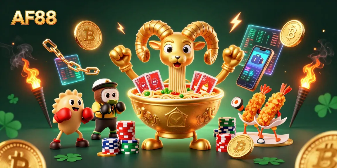 Engage with AF88's thrilling games featuring a golden ramen bowl character dealing cards and chips.