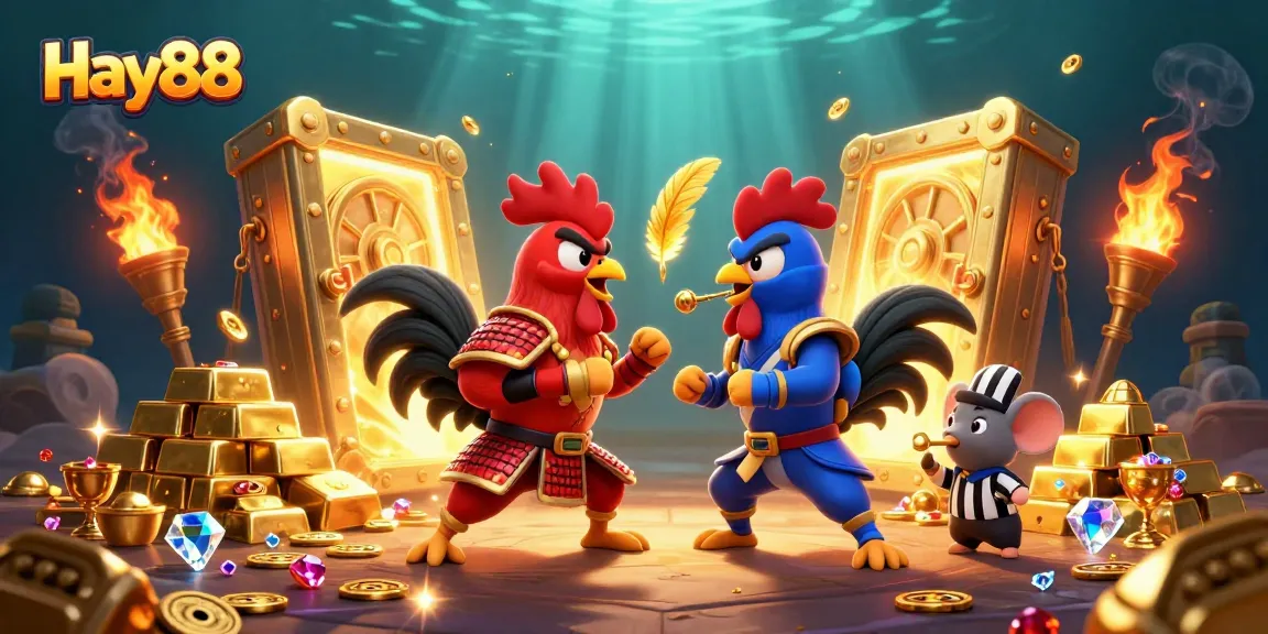 Engage with the Hay88 online casino featuring dynamic fighting roosters amidst glimmering treasures and effects.