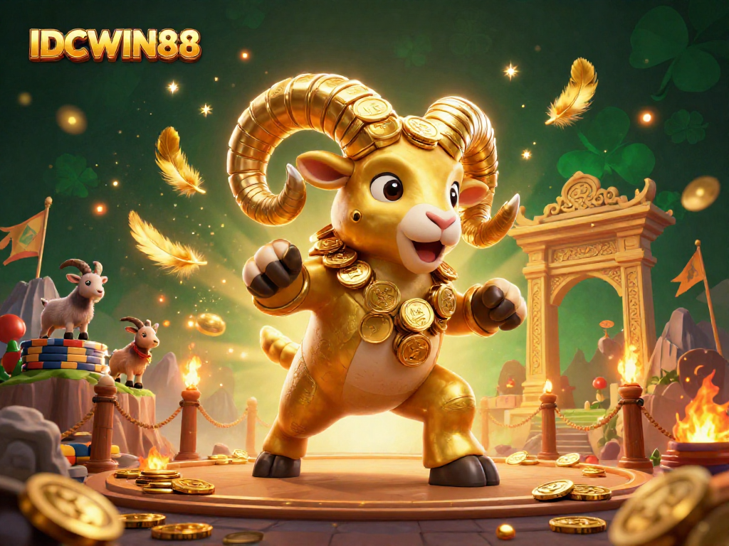 Experience thrilling gameplay at IDCWIN88 with a charging golden ram, vibrant colors, and dynamic gaming elements.