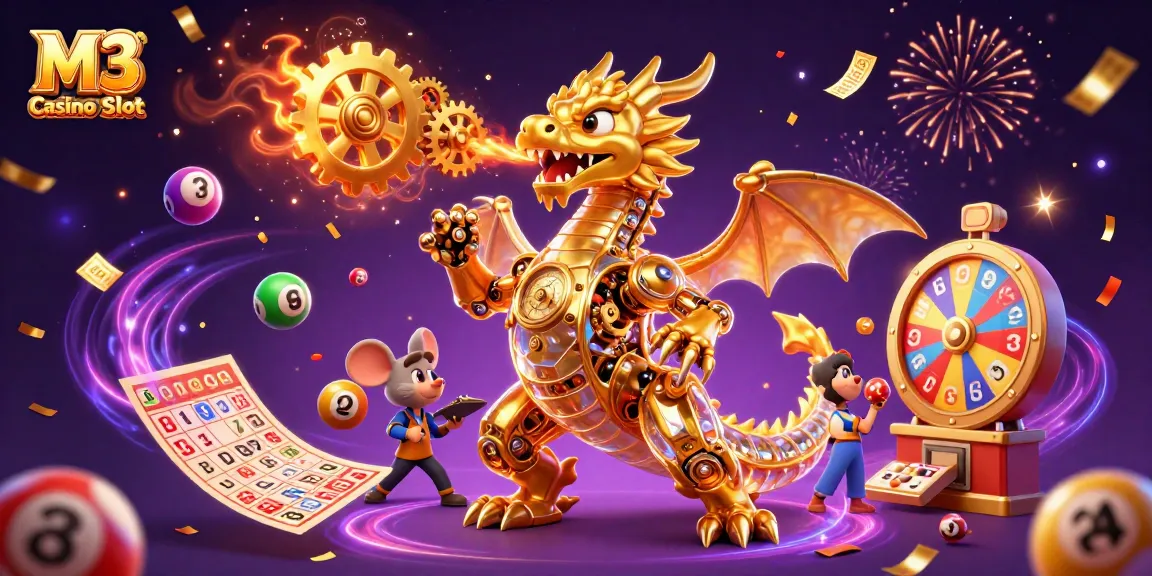 Engage with thrilling M3 Casino Slot adventures featuring a golden dragon and vibrant lottery elements.