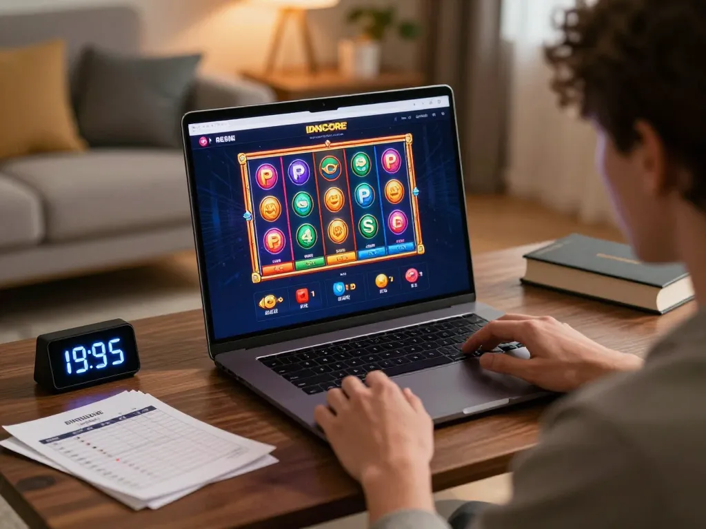 IDNSCORE RESMI player's focused engagement in digital casino games from a cozy home environment.