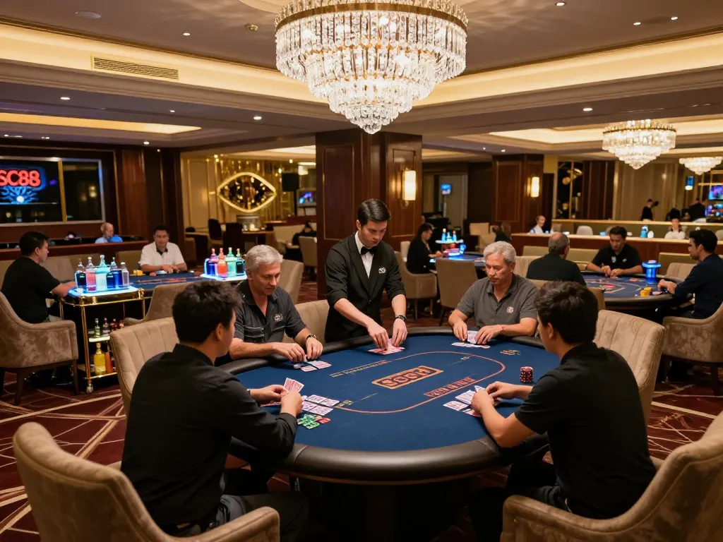 SC88 Vip players enjoying high-stakes poker in an elegant VIP lounge atmosphere