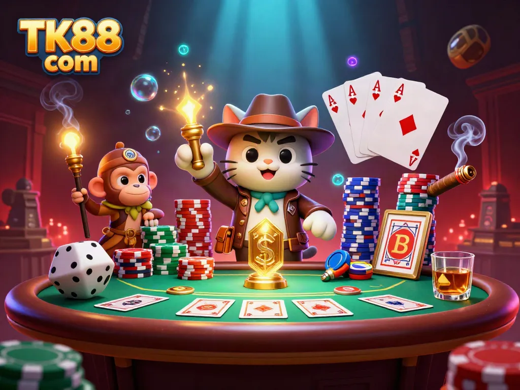 Engage in thrilling poker dynamics at TK88 com with an explorer cat and dynamic casino elements.