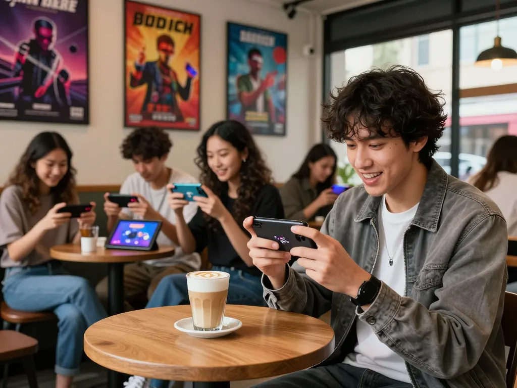 A young gamer enjoying mobile gaming at a café, showcasing autowin88's engaging gaming experience.