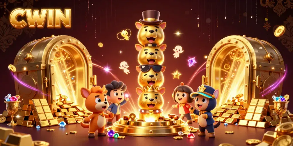 Experience thrilling gaming adventures with CWIN's vibrant casino-themed digital illustration, showcasing a golden totem pole amidst riches.