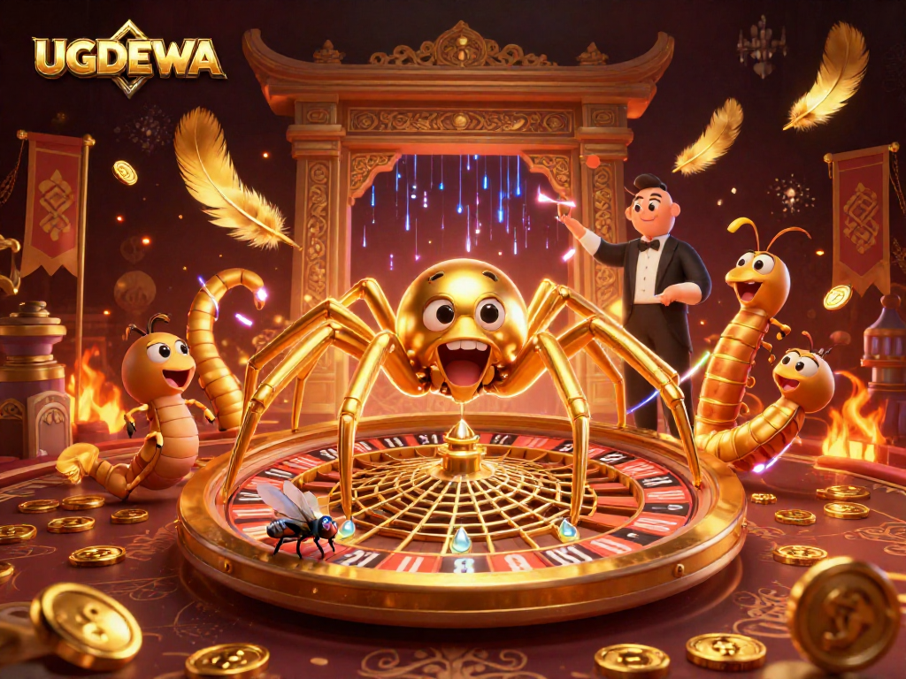 UGDEWA spins excitement in a vibrant 3D casino scene with a golden spider roulette.