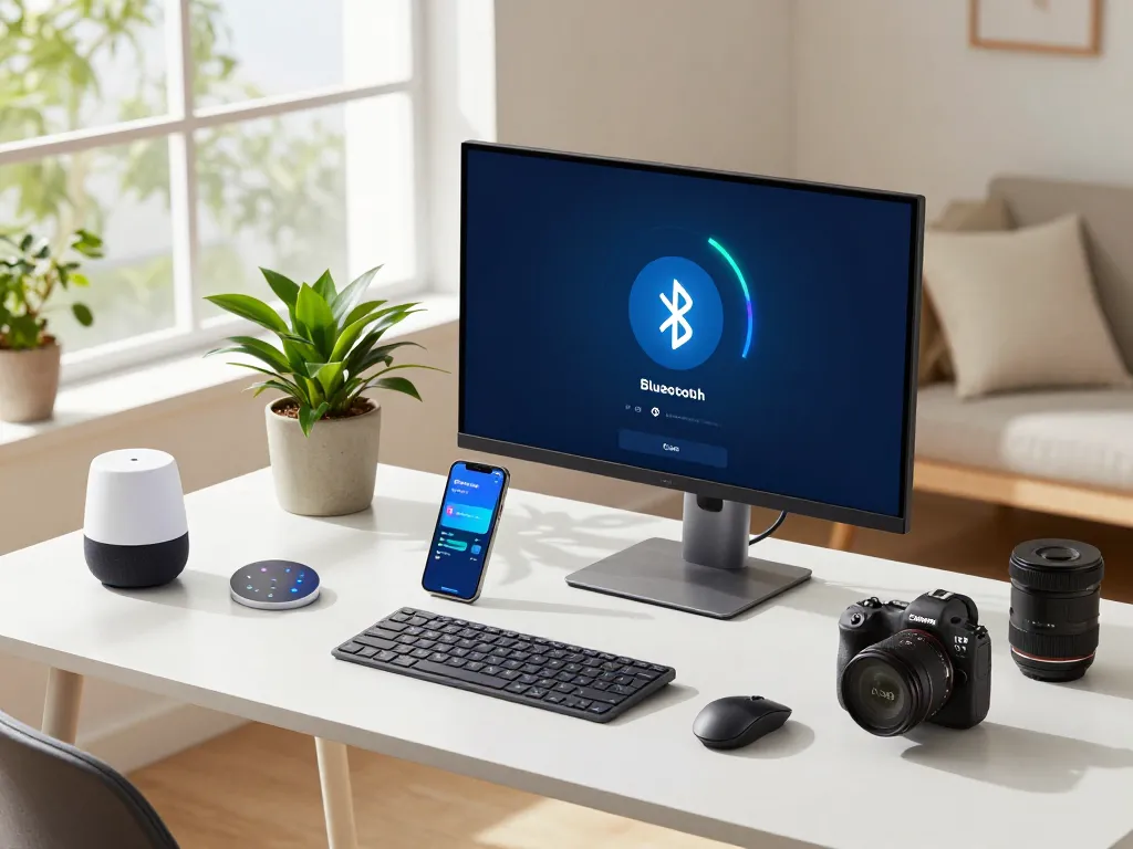 Explore smart tech gadgets in a modern home office with Bluetooth devices and innovative technology.