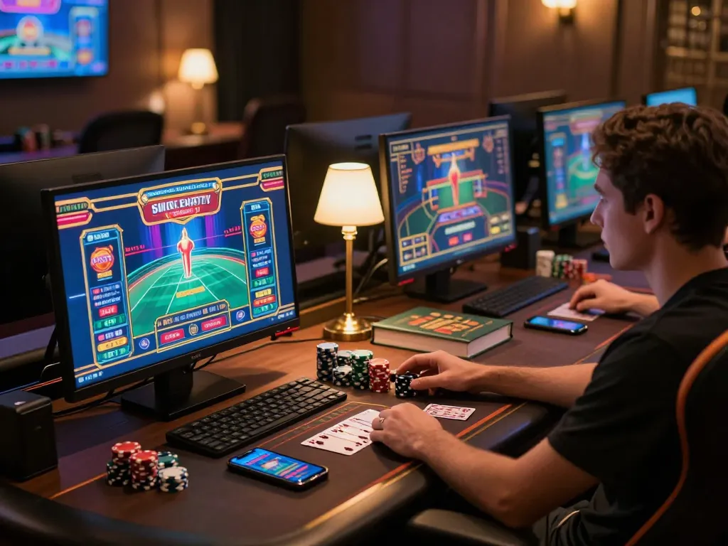 Experience RR88 online casino gaming with engaging visuals on multiple screens and a sleek setup