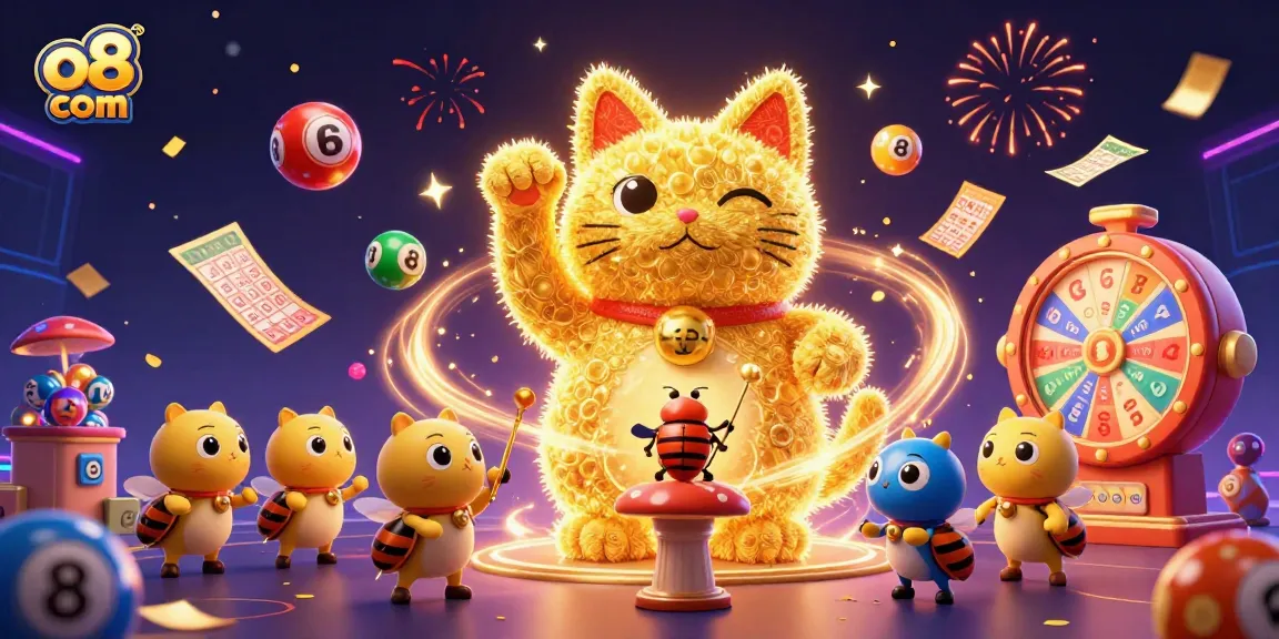 Experience excitement with o8 com's lottery game, featuring vibrant colorful balls and dynamic celebrations.
