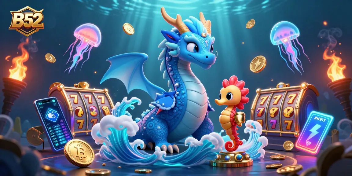 Join the action with B52 in this lively casino scene featuring a dragon, seahorse knight, and vibrant game elements.