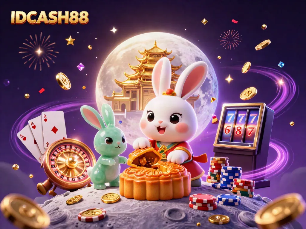 Join the excitement at IDCASH88 with a festive scene of lunar-themed casino action, showcasing coins and jackpot magic.