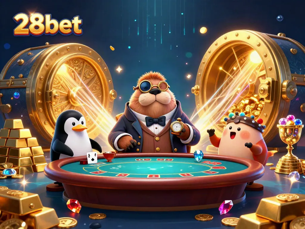 Engage with thrilling 28bet action at an underwater poker table where a walrus and pufferfish bluff for treasure.