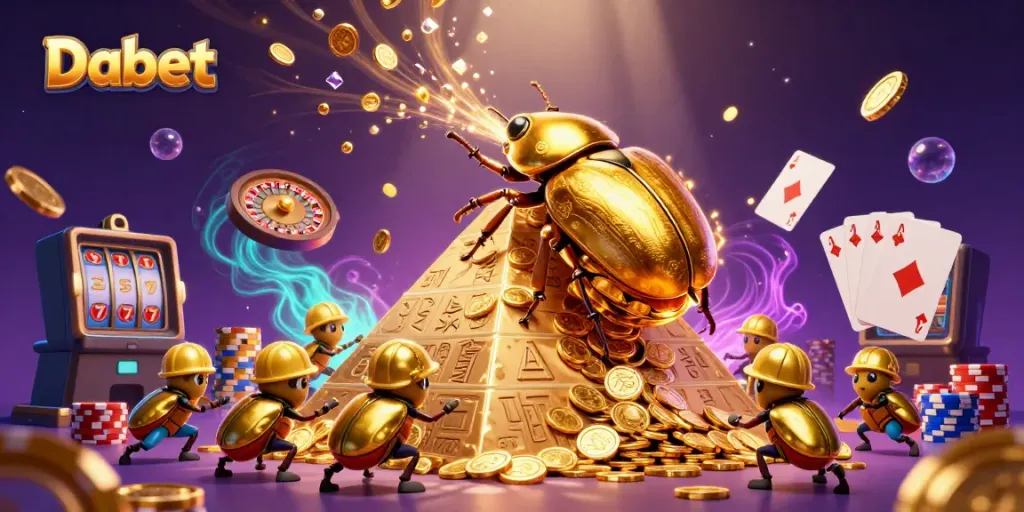 Dabet showcases an exciting casino scene with a golden beetle rolling coins and vibrant game elements.