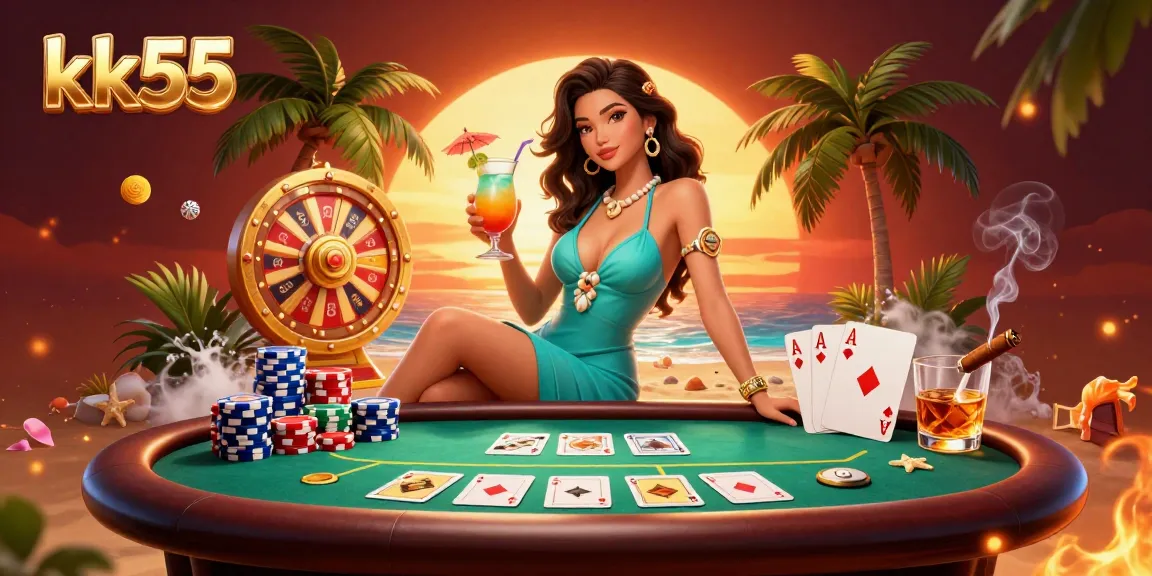 Engage with elite gambling at kk55 showcasing poker excitement amidst a glamorous tropical resort backdrop.