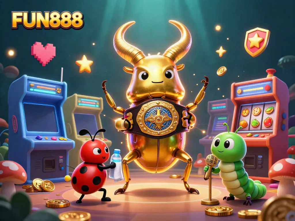 Join the FUN888 fantasy world with a giant golden stag beetle and colorful casino games!