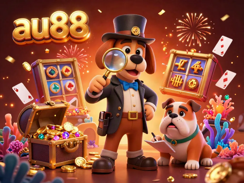 Engage in thrilling games at au88 with a detective exploring casino treasures in a festive atmosphere.