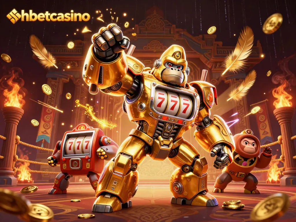 Engage in exhilarating gameplay with shbetcasino's vibrant 3D cartoon illustration of a golden gorilla mech.